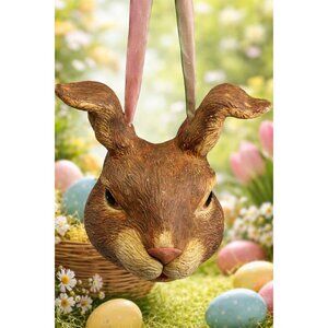 Vintage Bethany Lowe Bunny Rabbit Head Paper Pulp Basket Pink Ribbon Handle 5.5"